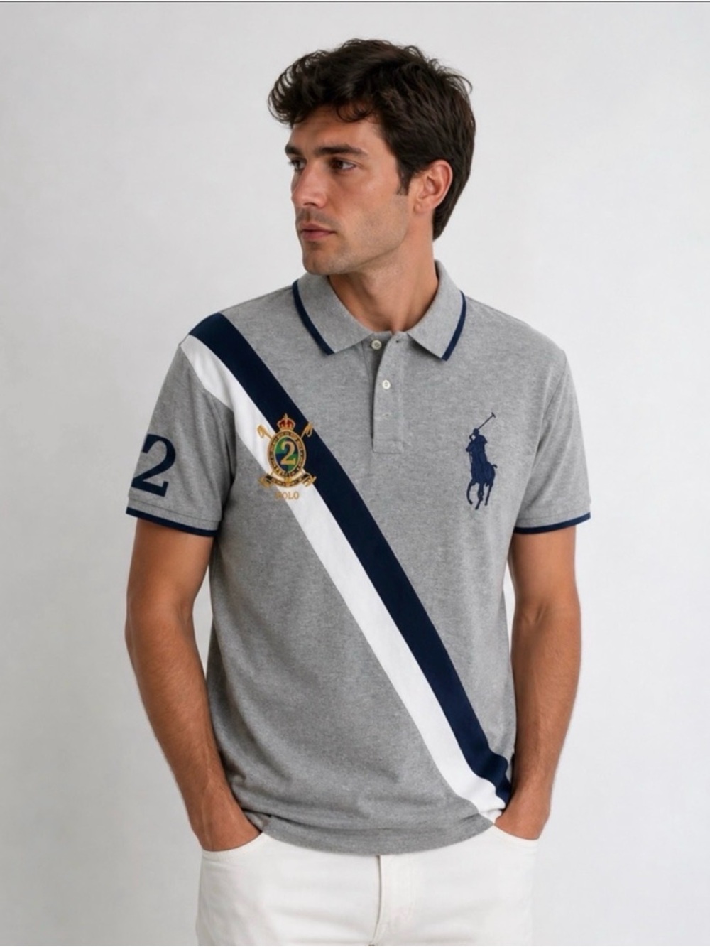 Polo by Ralph Lauren Gray Polo with Navy & White Diagonal Stripe